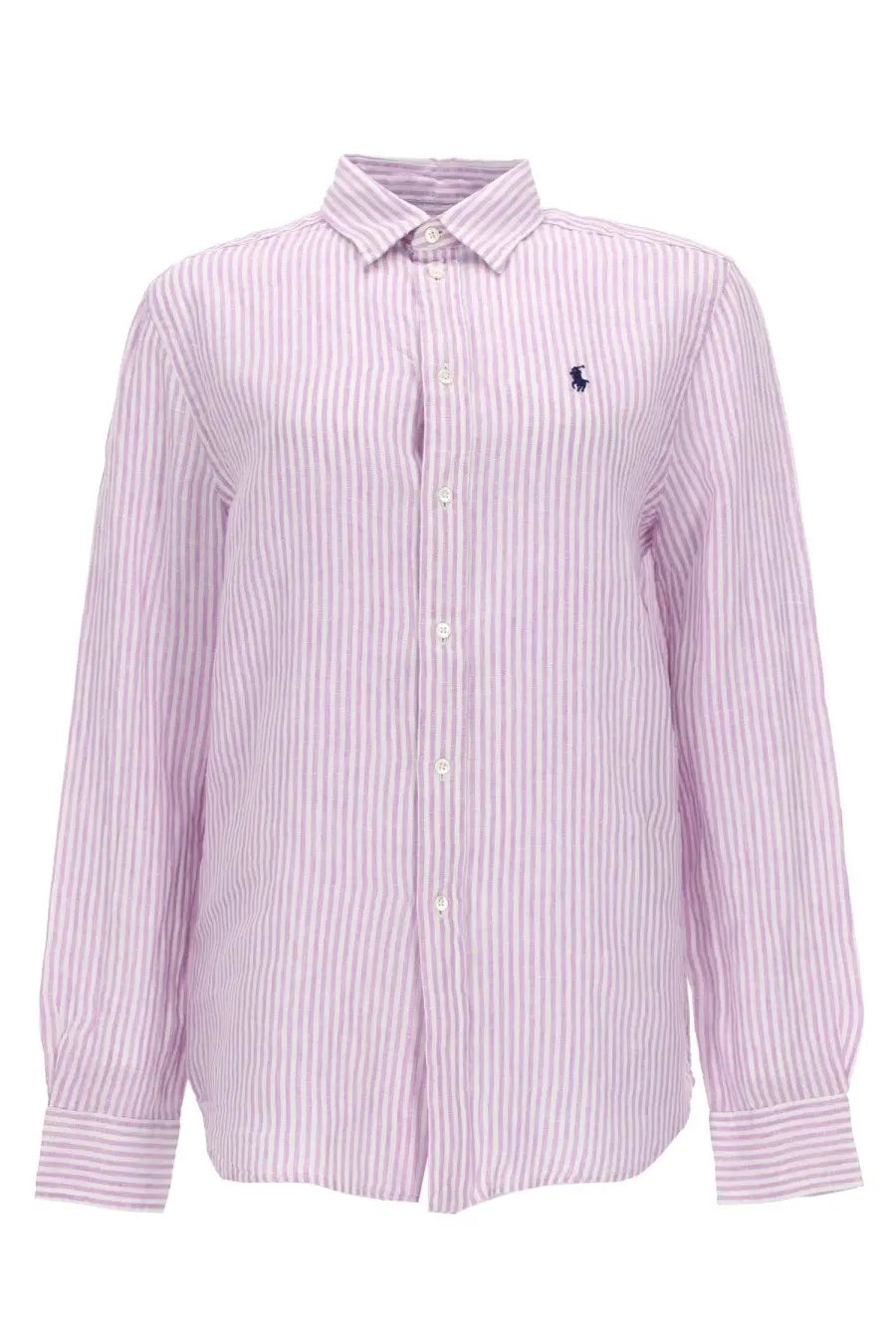 Polo Ralph Lauren women’s pink and white striped linen shirt with classic collar and navy blue polo player logo