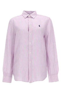 Polo Ralph Lauren women’s pink and white striped linen shirt with classic collar and navy blue polo player logo