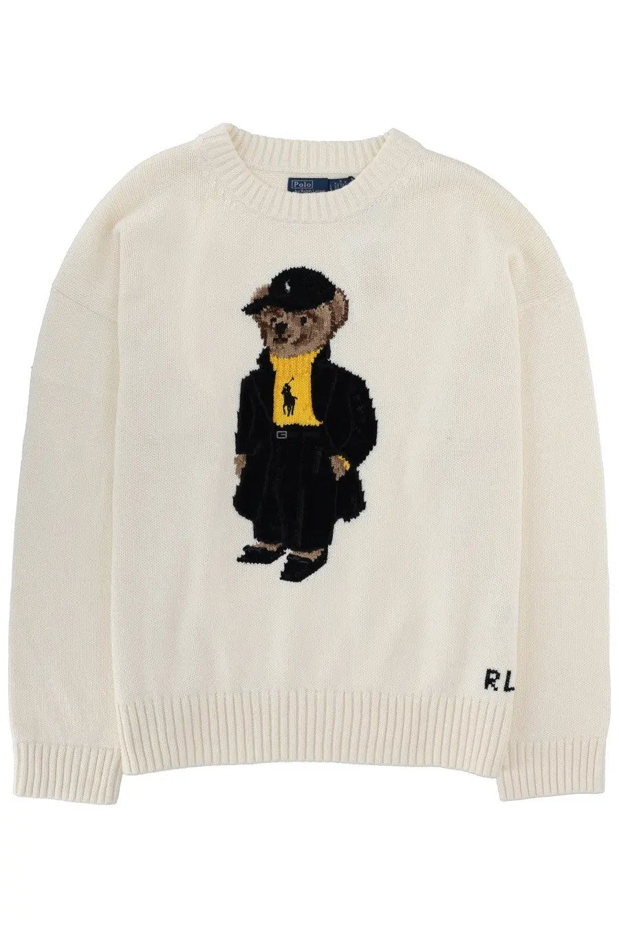 Polo Ralph Lauren women’s cream-colored knitted sweater with embroidered bear in black suit and yellow shirt