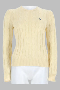 Cream-colored cable-knit sweater with navy blue embroidered polo player logo by Polo Ralph Lauren for women