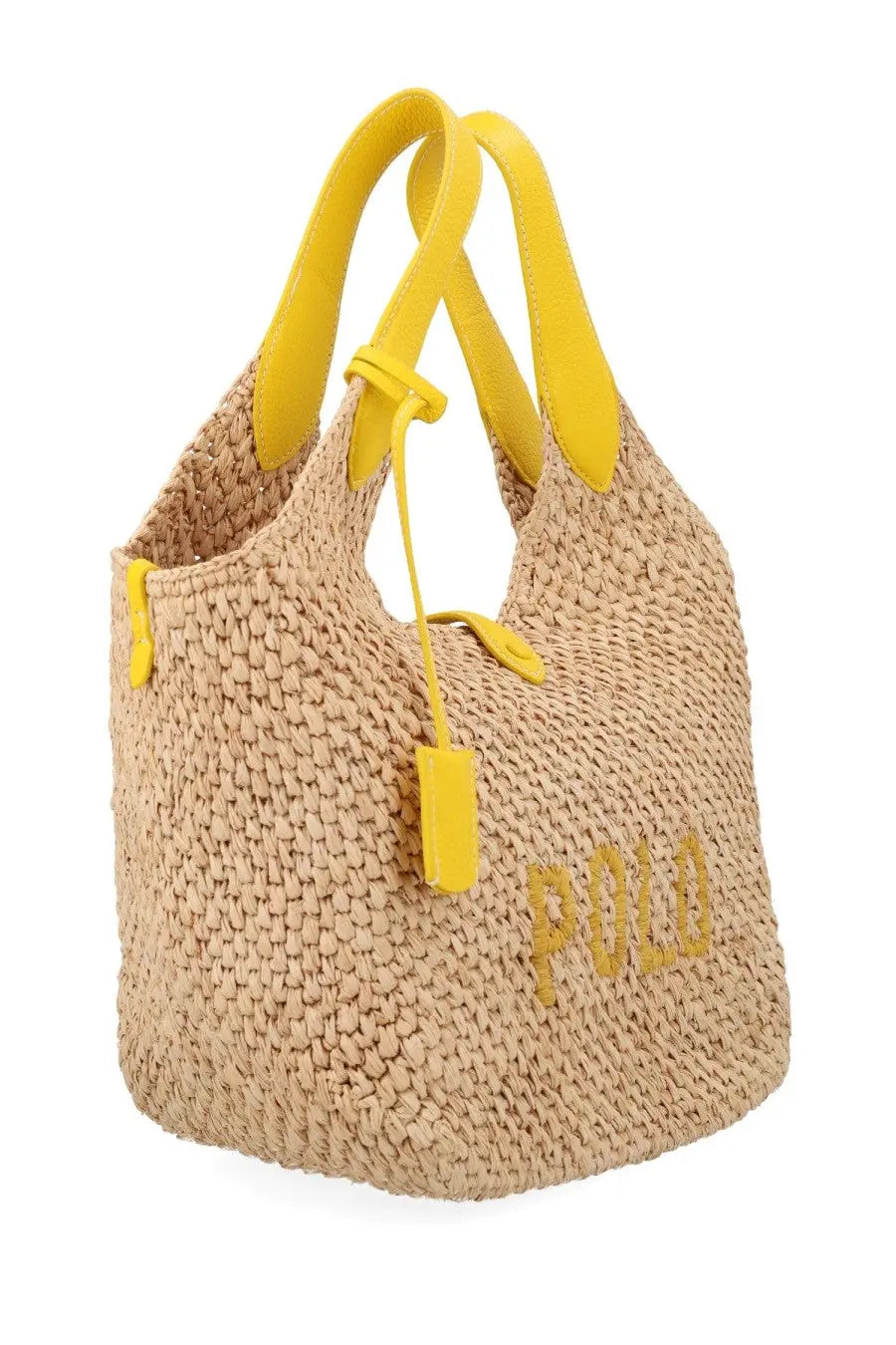 Beige woven straw tote bag with bright yellow leather handles and yellow polo ralph lauren logo on front