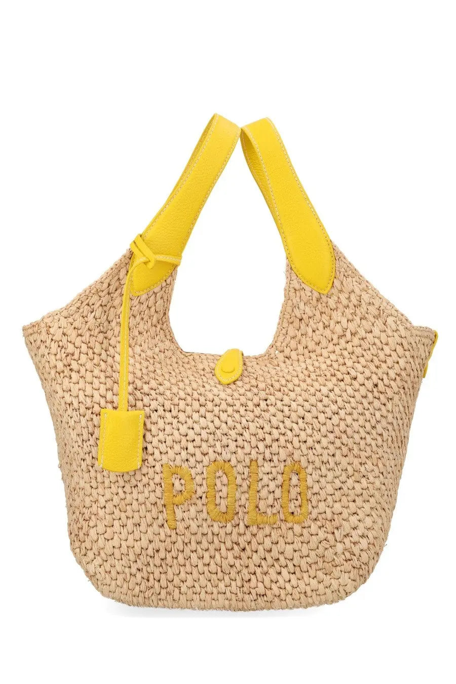 Beige woven straw tote bag with bright yellow leather handles and polo ralph lauren logo embroidery