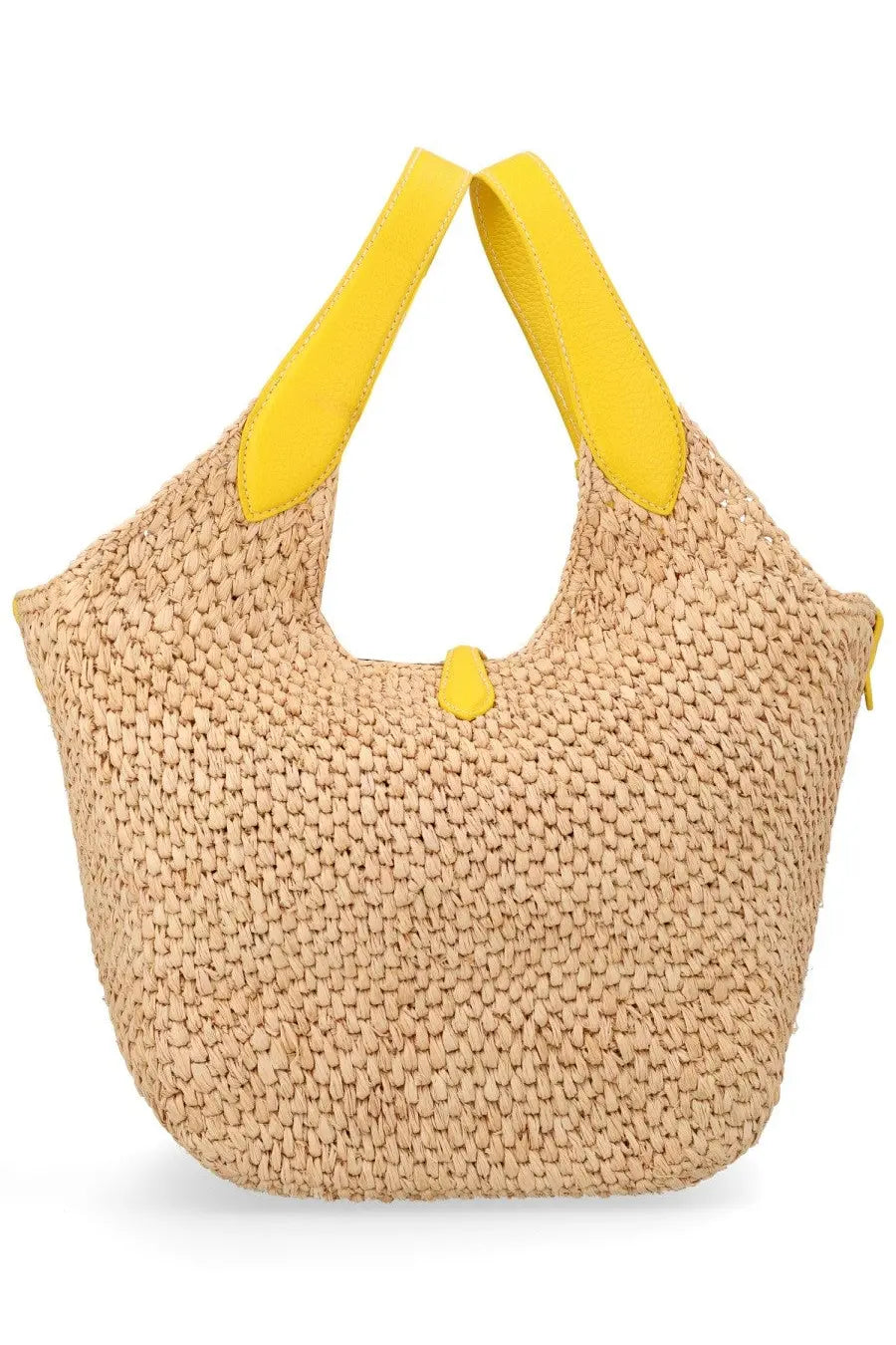 Beige woven straw tote bag with bright yellow leather handles and yellow zipper pull by Polo Ralph Lauren