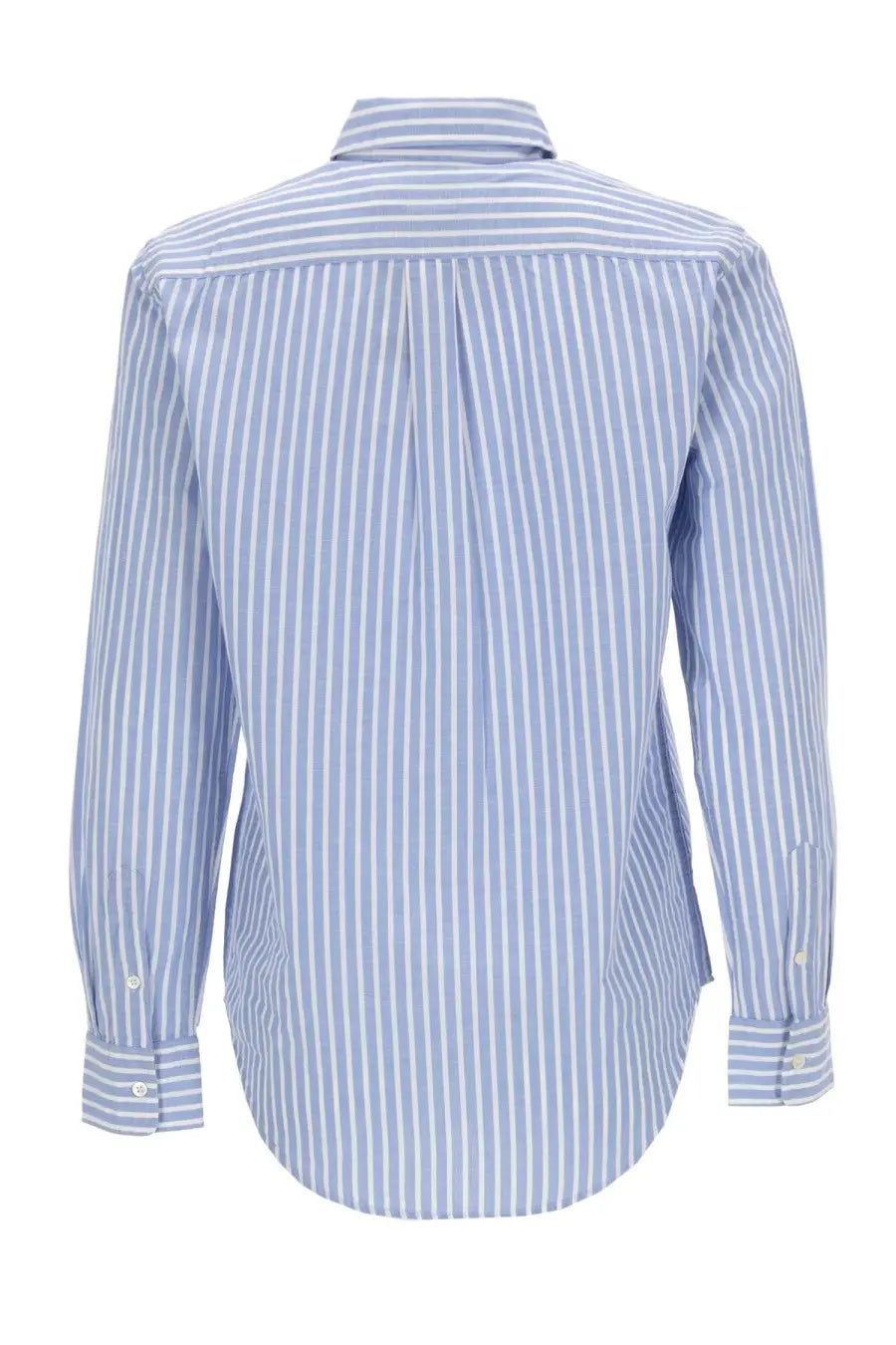 Polo Ralph Lauren women’s blue long-sleeved shirt with classic white stripes and pleated back shown from the back side