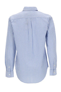 Polo Ralph Lauren women’s blue long-sleeved shirt with classic white stripes and pleated back shown from the back side