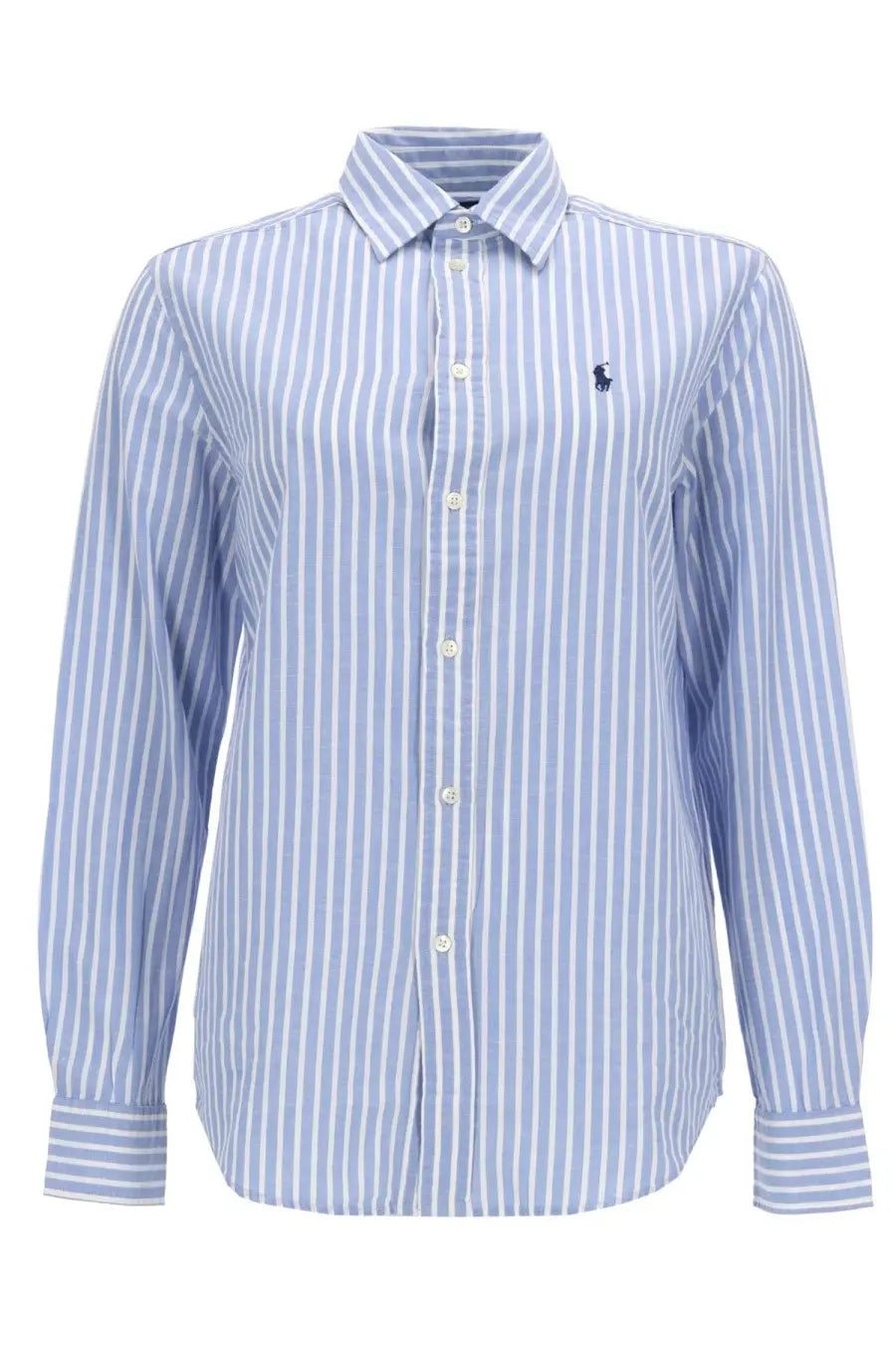 Polo Ralph Lauren women’s blue long-sleeved button-down shirt with white stripes and navy embroidered polo player logo