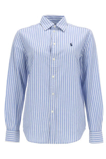Polo Ralph Lauren women’s blue long-sleeved button-down shirt with white stripes and navy embroidered polo player logo