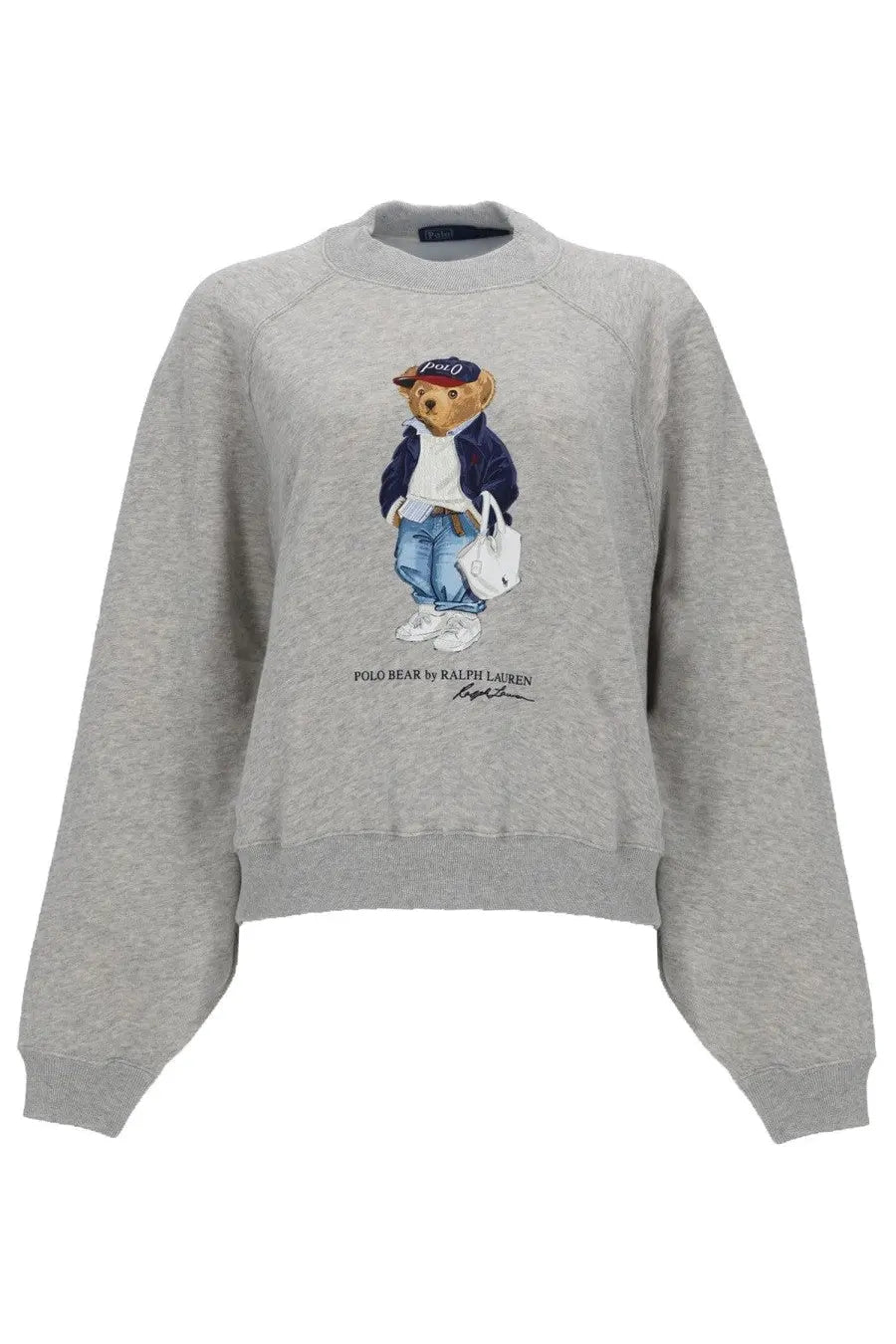 Polo Ralph Lauren women’s grey heathered sweatshirt with detailed embroidered polo bear paired with navy jacket and blue jeans