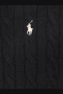 Black cable-knit Polo Ralph Lauren women’s sweater in wool and cashmere blend with white embroidered logo