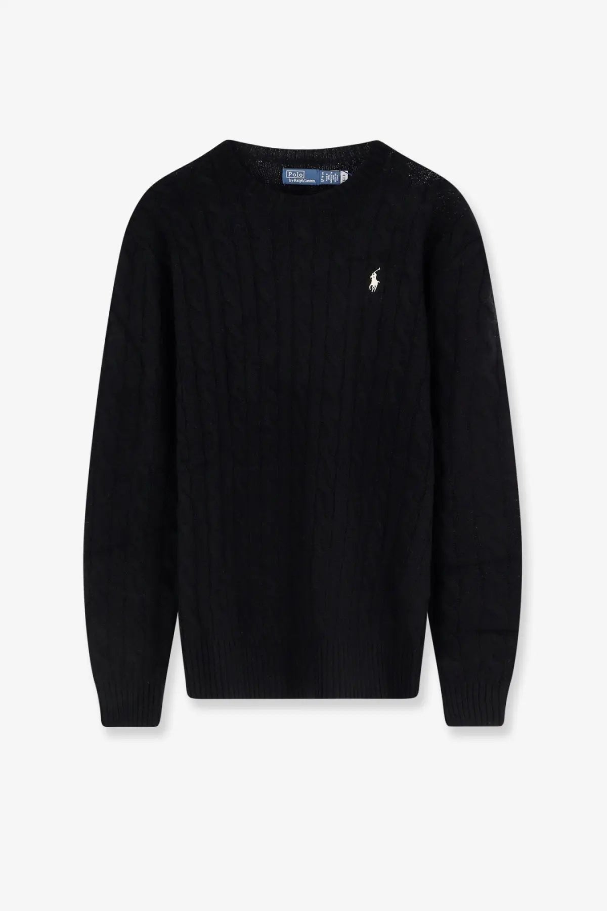 Black Polo Ralph Lauren women’s crewneck sweater made of wool and cashmere blend with white embroidered polo player logo