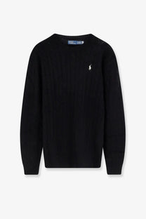 Black Polo Ralph Lauren women’s crewneck sweater made of wool and cashmere blend with white embroidered polo player logo