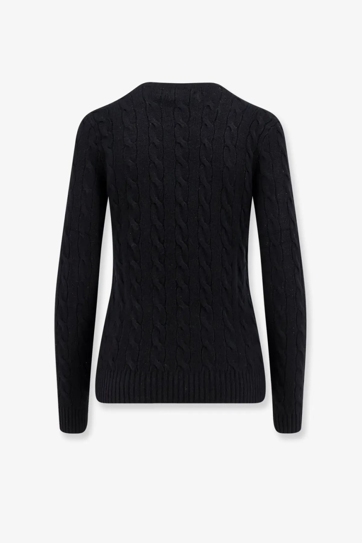 Black cable knit sweater with ribbed hem and cuffs made of wool and cashmere by Polo Ralph Lauren women’s collection