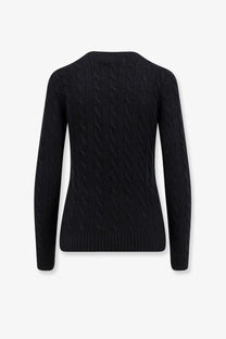 Black cable knit sweater with ribbed hem and cuffs made of wool and cashmere by Polo Ralph Lauren women’s collection