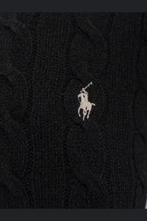 Black cable knit sweater with white embroidered polo ralph lauren logo made of wool and cashmere for women