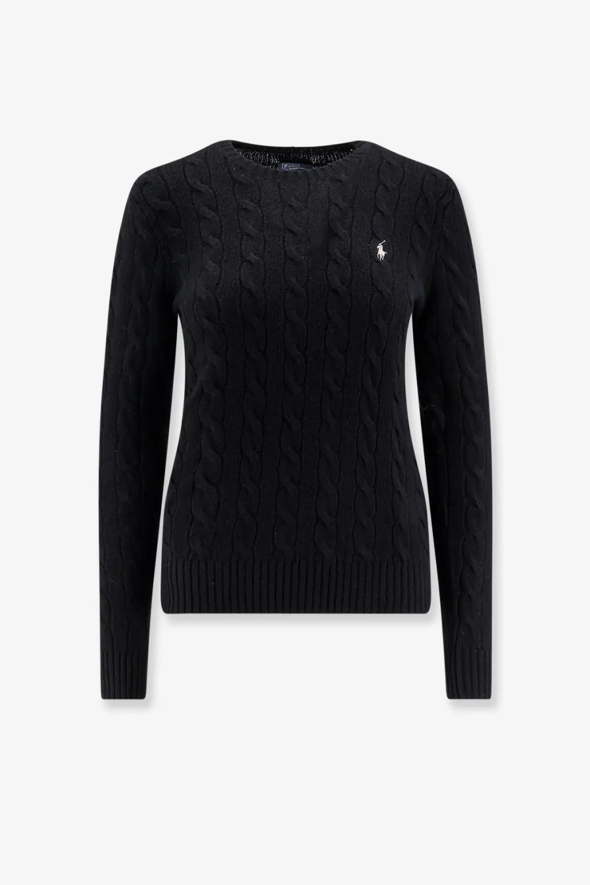 Black cable knit sweater with white embroidered polo player logo made of wool and cashmere by Polo Ralph Lauren women