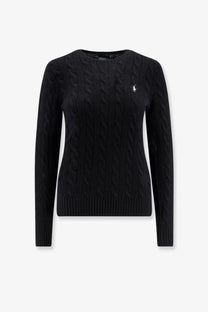 Black cable knit sweater with white embroidered polo player logo made of wool and cashmere by Polo Ralph Lauren women