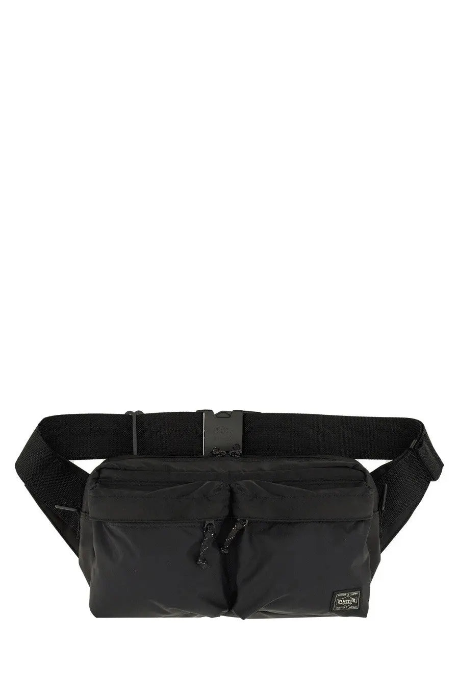 Porter-yoshida &amp; co men’s borsa force 2way waist black nylon bag with two front zippered pockets and branded patch