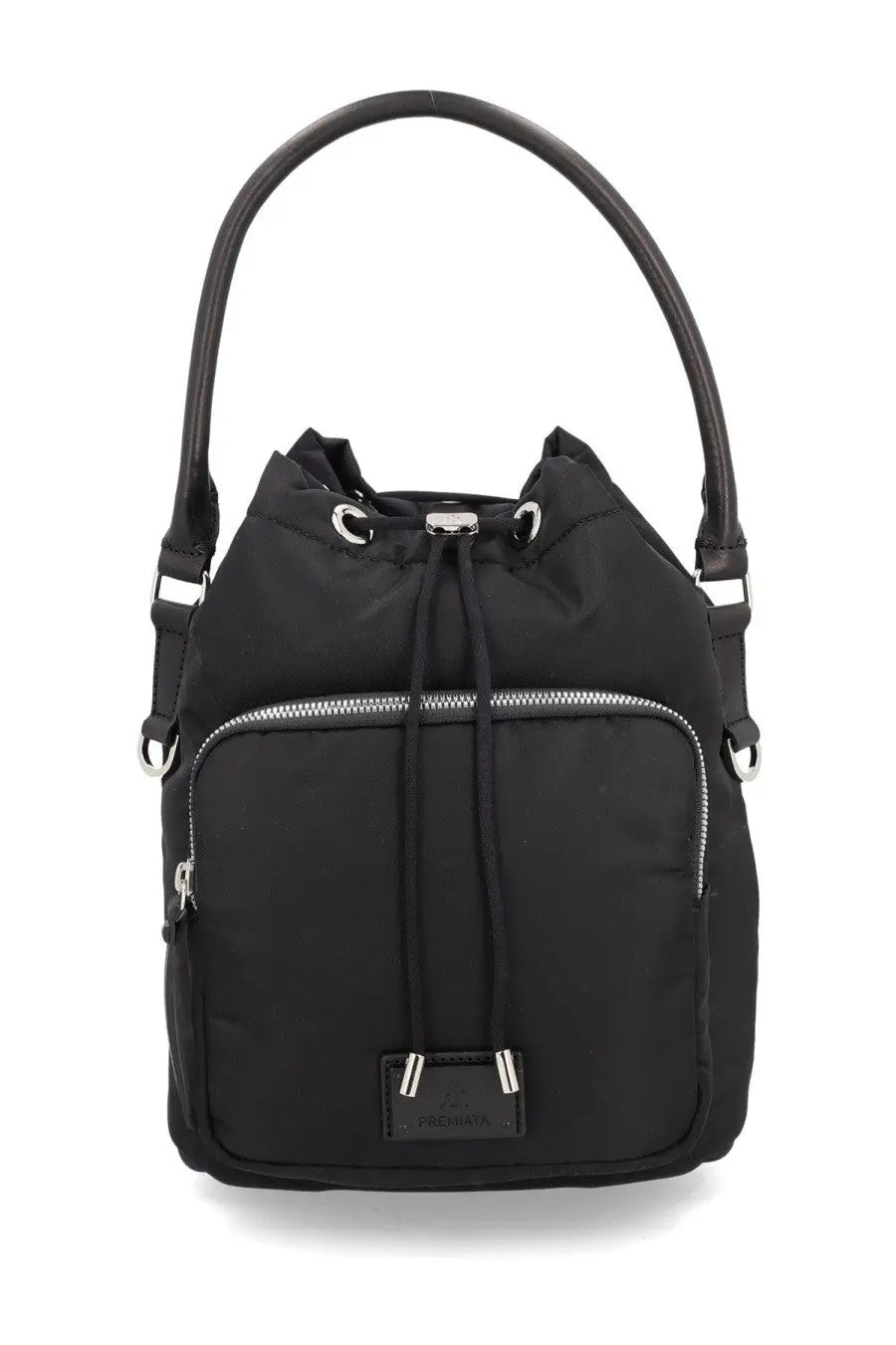 Premiata men’s borsa mia black nylon bucket bag with silver toned hardware and top handle for versatile use