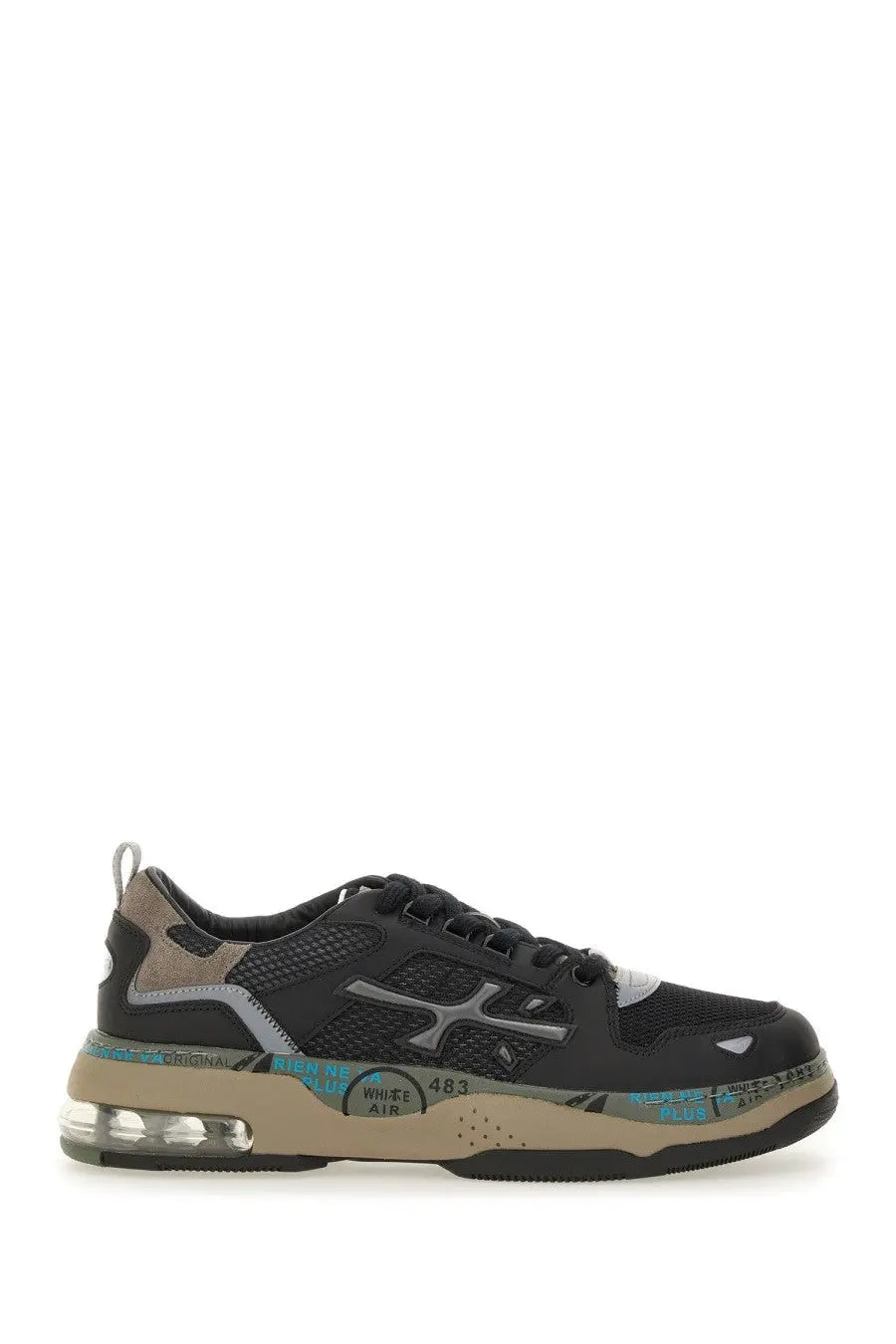 Premiata men’s drake sneaker in black and beige mesh with silver logo accents and translucent air cushion sole