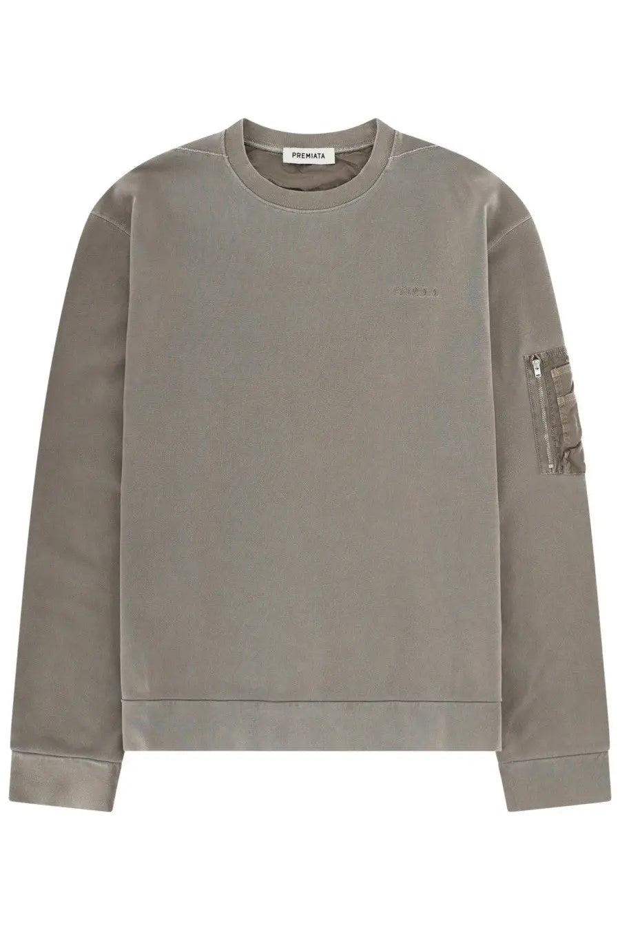 Premiata men’s felpa con grey muted gray crewneck sweatshirt with subtle embroidered logo and zippered patch pocket on sleeve