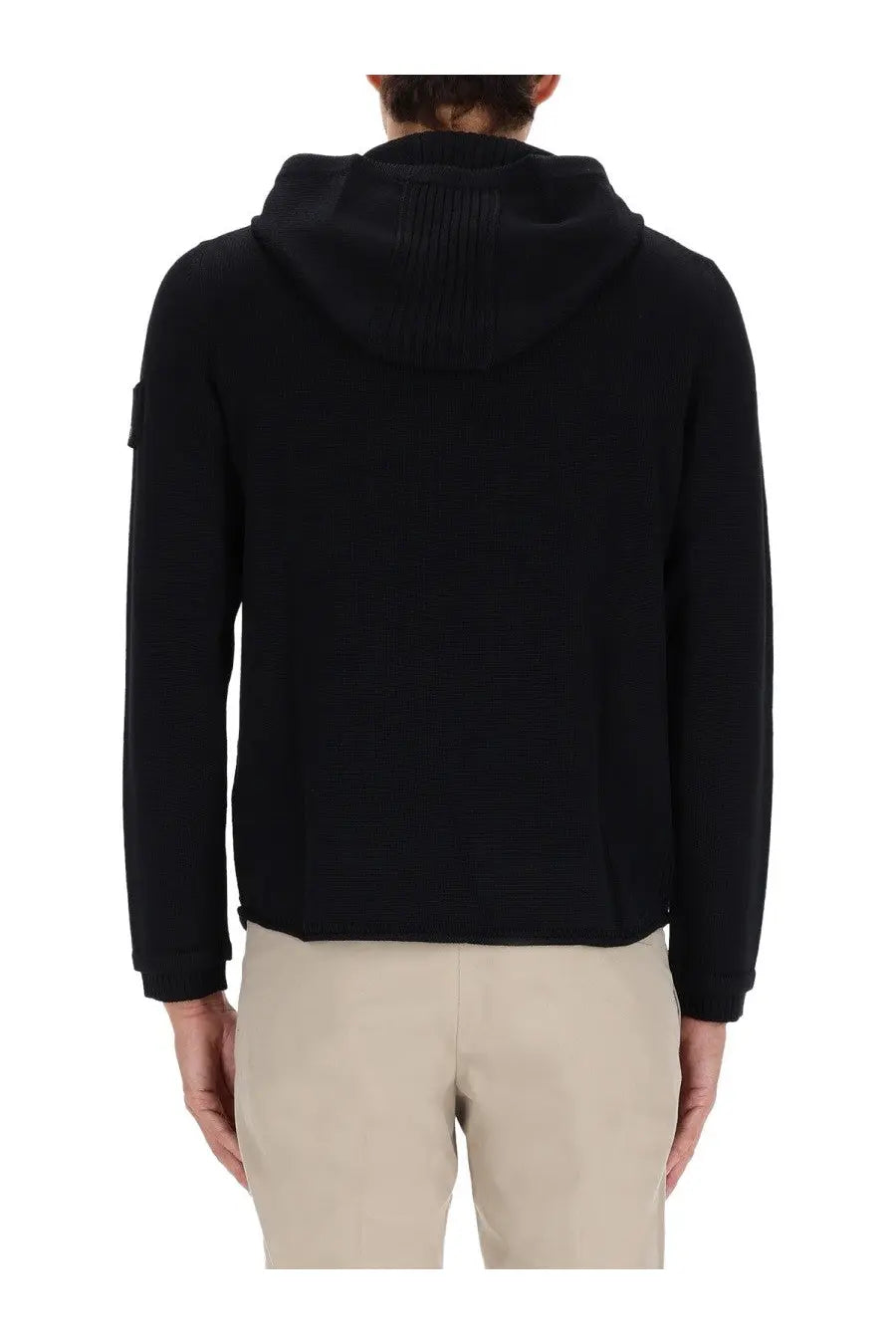 Premiata men’s black hooded jacket with ribbed knit detailing on shoulders and cuffs in a sleek design
