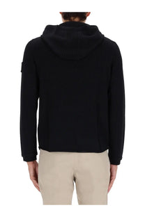 Premiata men’s black hooded jacket with ribbed knit detailing on shoulders and cuffs in a sleek design