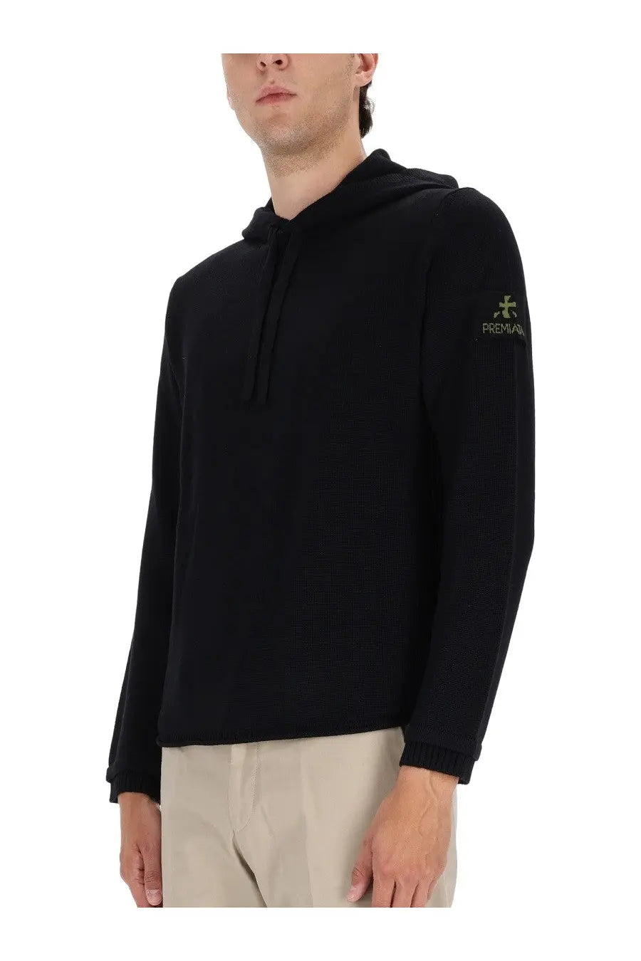 Premiata men’s black hooded sweatshirt with subtle embroidered logo on sleeve made from soft cotton material