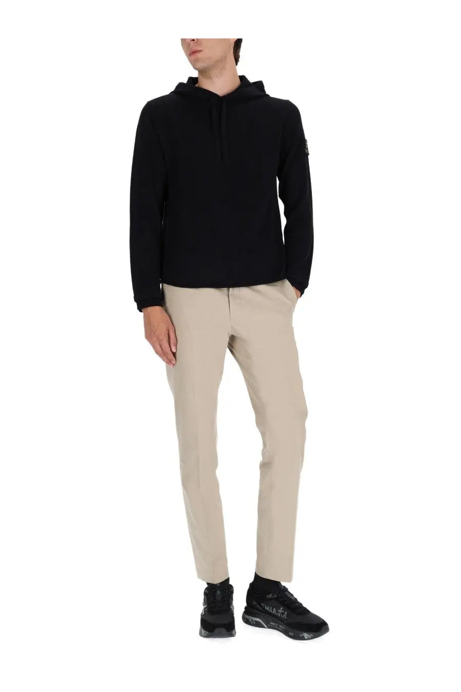 Premiata men’s black hooded shirt with subtle textured knit and small logo patch on the left sleeve