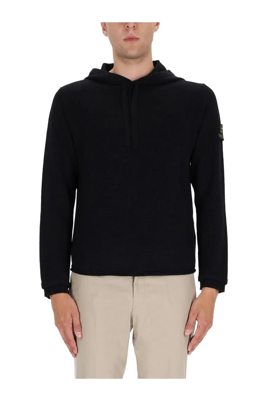 Premiata men’s black hooded sweatshirt with subtle textured knit ribbed cuffs and hem embroidered logo on left sleeve