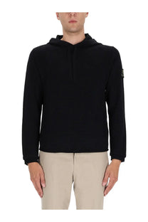 Premiata men’s black hooded sweatshirt with subtle textured knit ribbed cuffs and hem embroidered logo on left sleeve