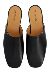 Premiata men’s leather sabot black mules in black leather with sleek square-toe design and minimalist stitching details