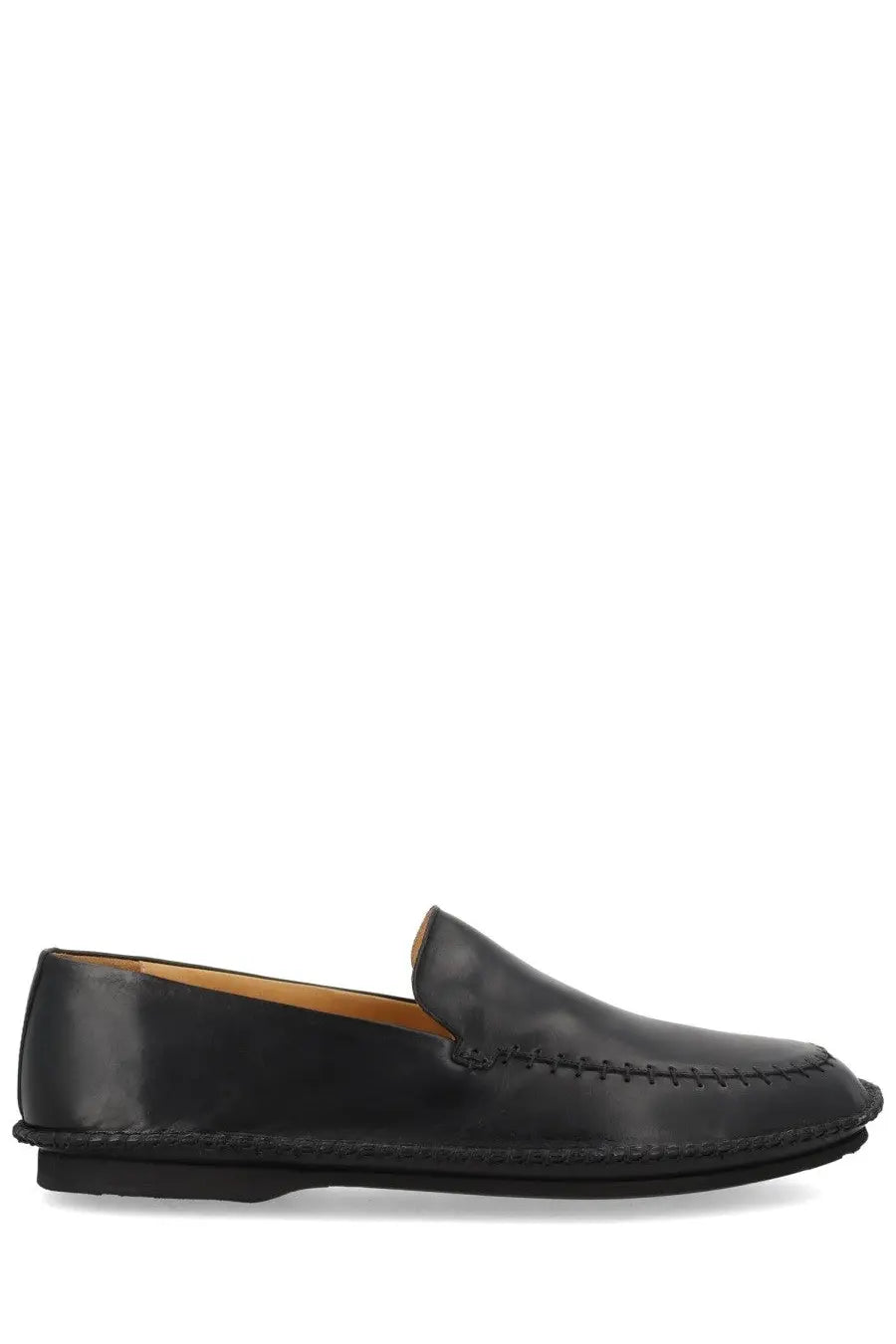 Premiata men’s mocassino land black black leather slip-on loafer with visible stitching along toe and sole