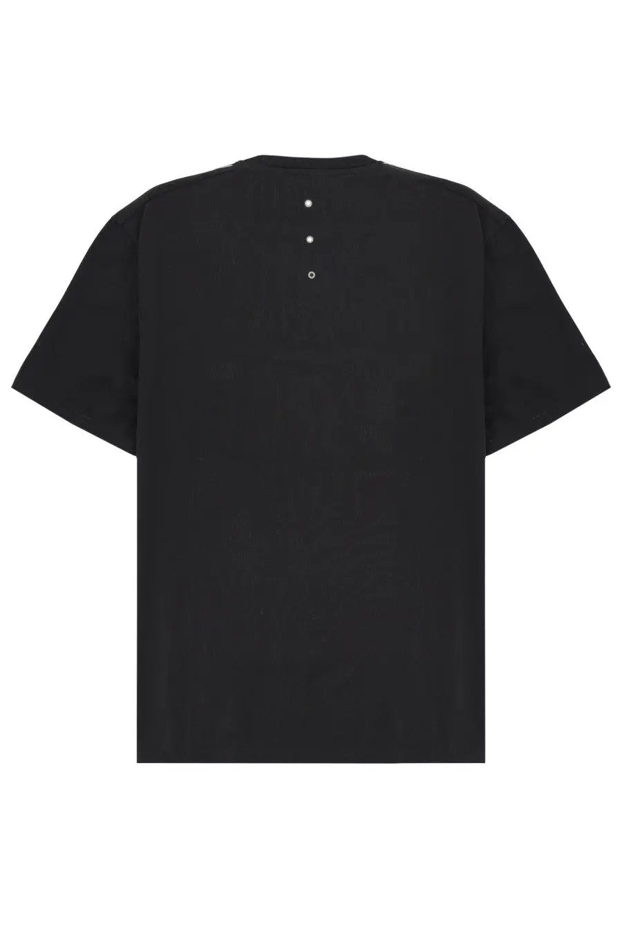 Back view of premiata men’s black oversized shirt with three silver buttons down the center of the back