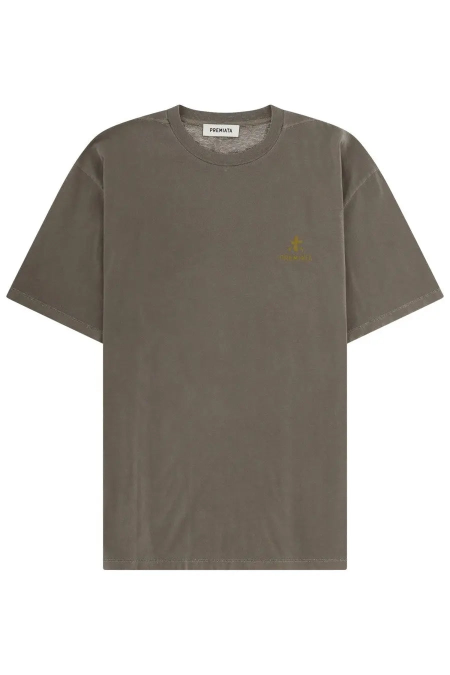 Premiata men’s cotton t shirt in olive green with small embroidered logo on left chest and branded neckline tag