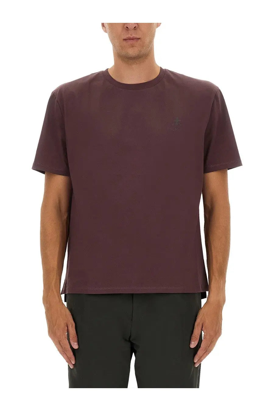 Premiata men’s dark burgundy short sleeve crew neck shirt with subtle embroidered logo on left chest