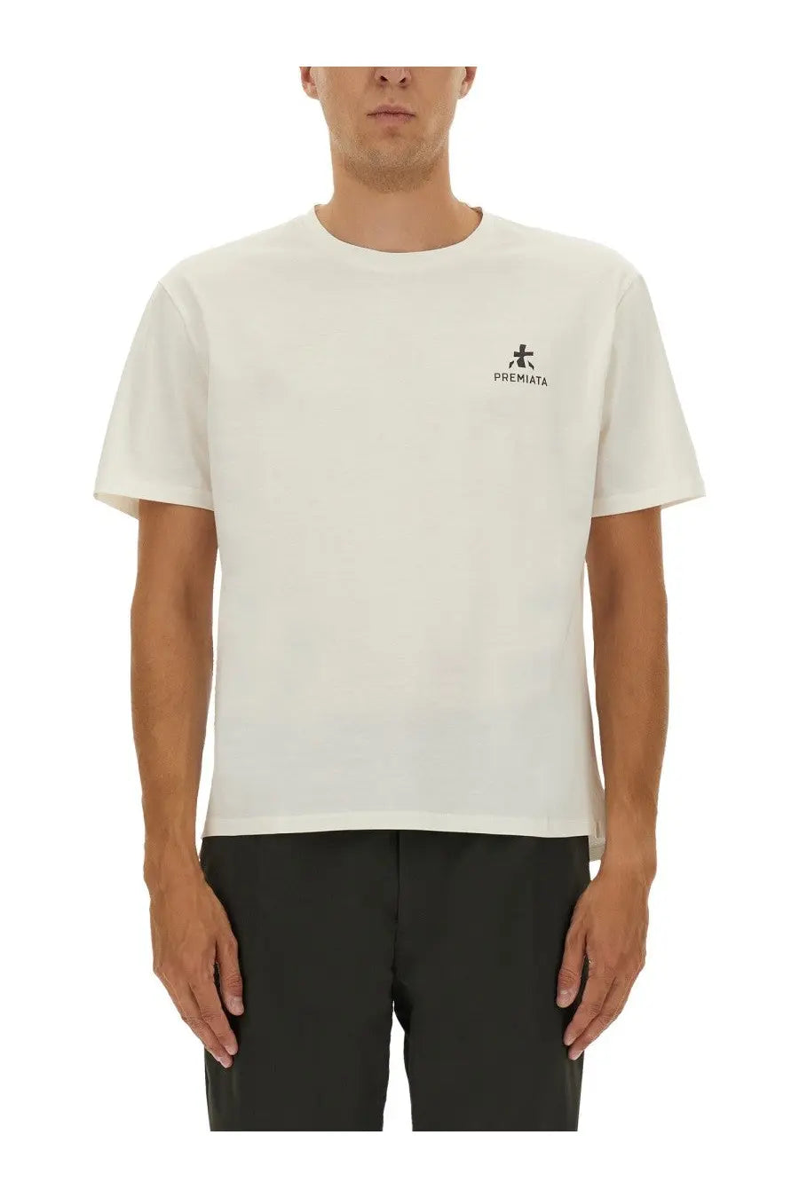 Premiata men’s off-white cotton t-shirt with a small black embroidered logo on the left chest