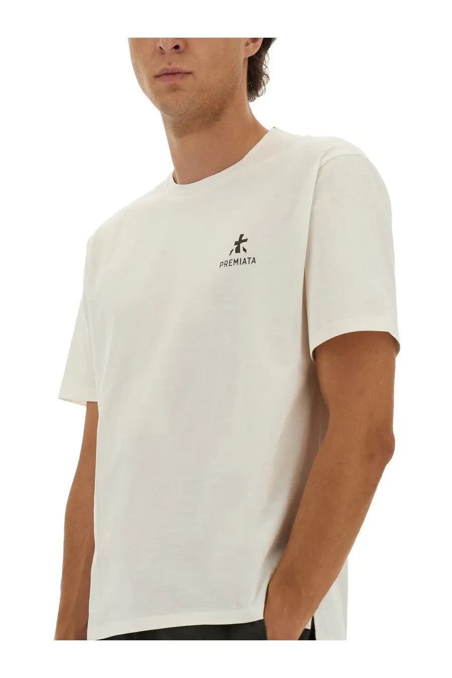 White cotton premia ta men’s shirt with small black embroidered logo and text on the left chest
