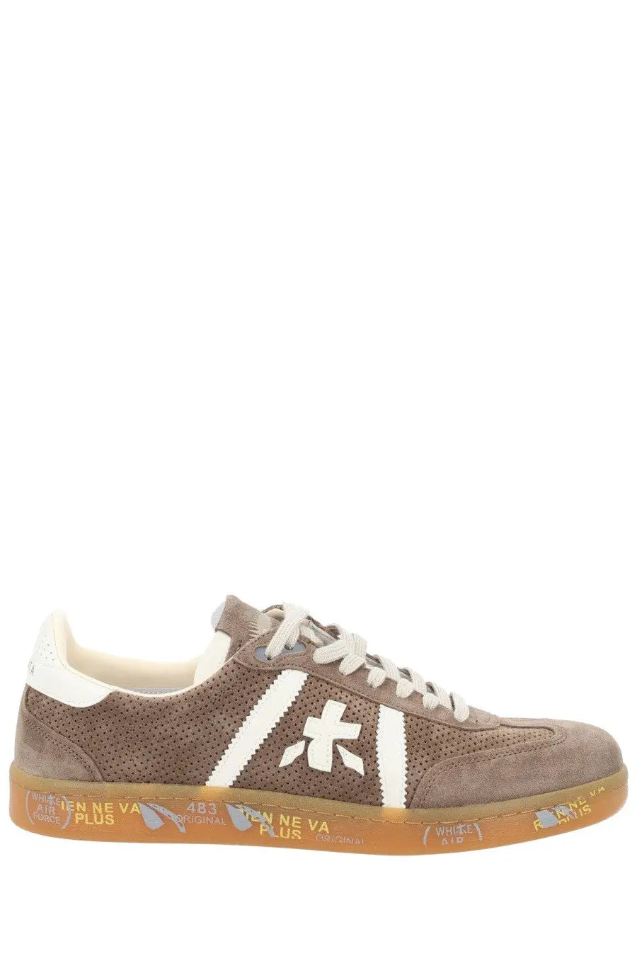 Premiata men’s sneaker bonnie brown brown suede with white perforated stripes and orange rubber sole with text