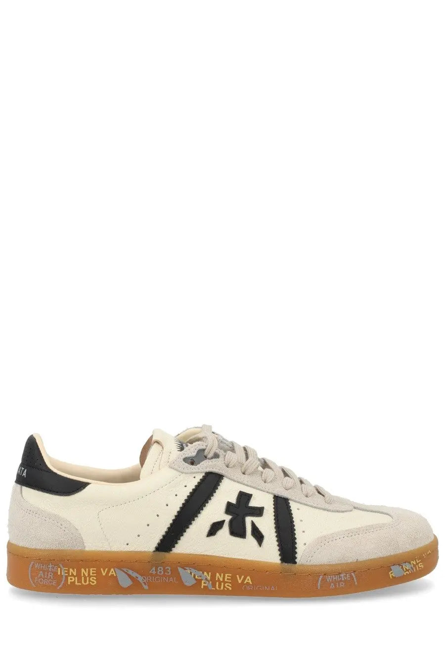 Premiata men’s sneaker bonnie white cream-colored suede and canvas low-top with black stripes and orange gum sole