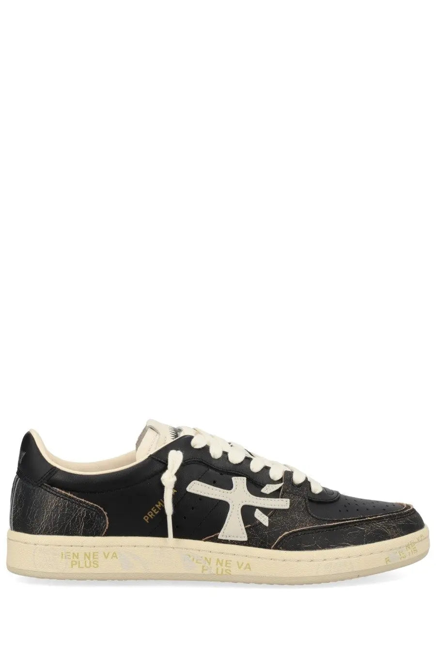 Premiata men’s black leather sneaker bsktclay with white cross logo and cream-colored sole