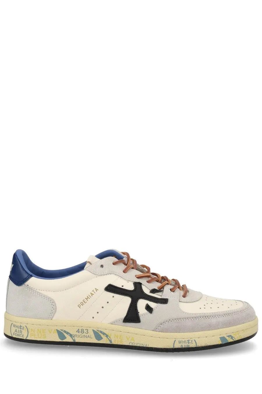 Premiata men’s sneaker bsktclay white cream suede with black cross logo blue heel tab laces and vintage graffiti sole