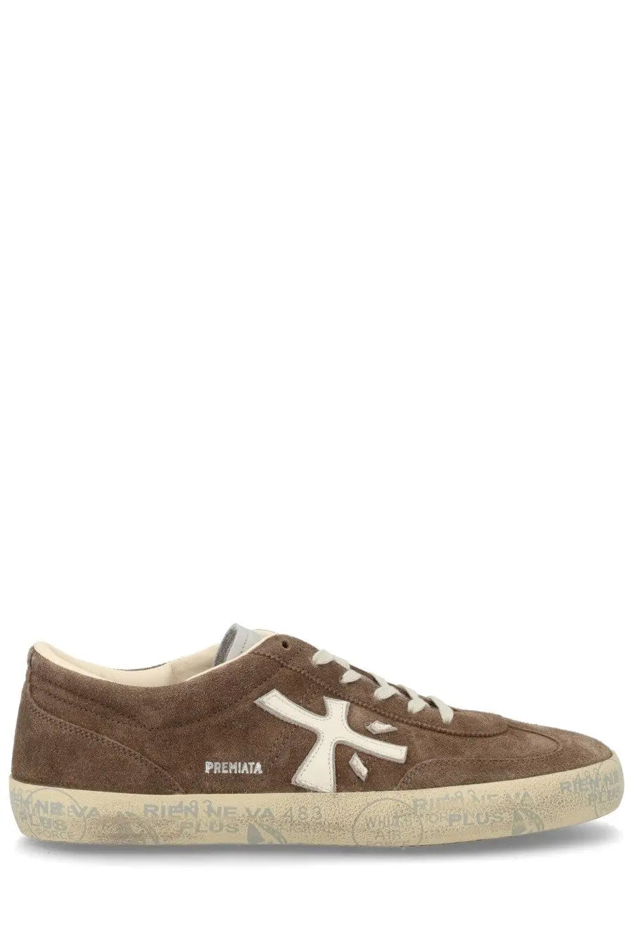 Premiata men’s sneaker david brown in brown suede with white logo and off-white rubber sole front view