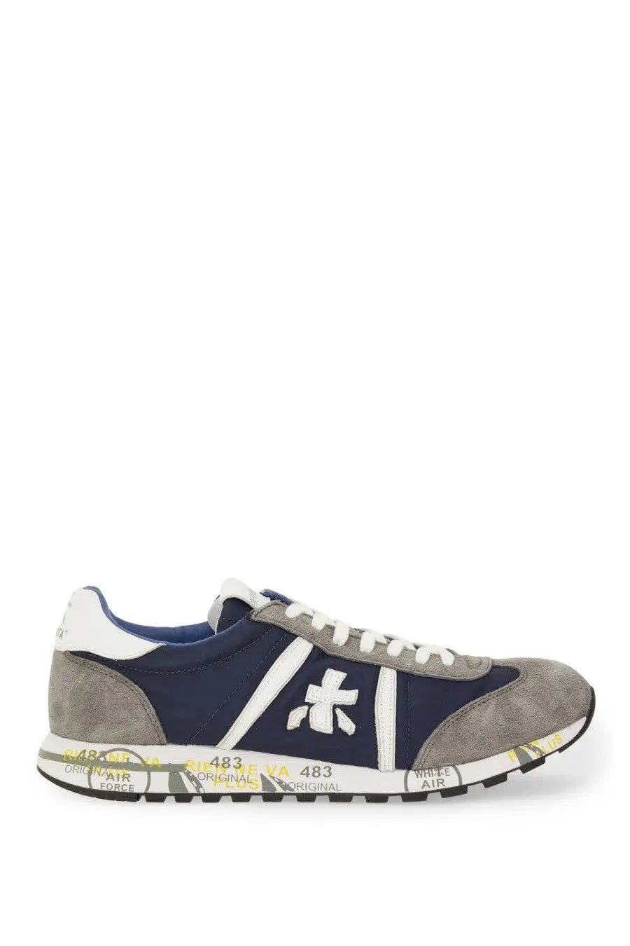Premiata men’s sneaker Lucy blue with navy blue and gray suede, white laces, bold stripe, and gum rubber sole 483 original
