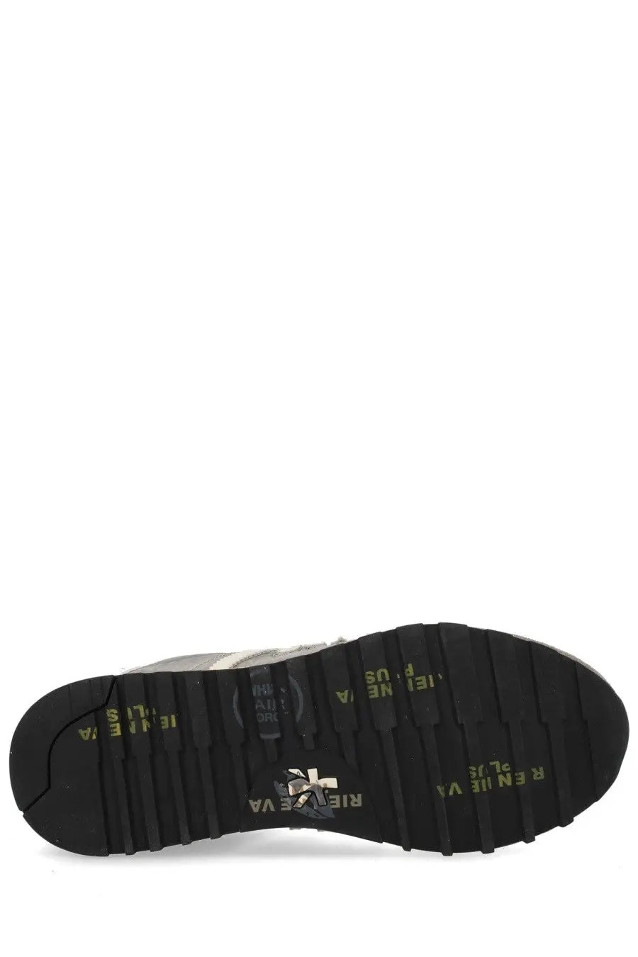 Back view of premiata men’s sneaker lucy grey showing black rubber sole with yellow text and silver heel logo
