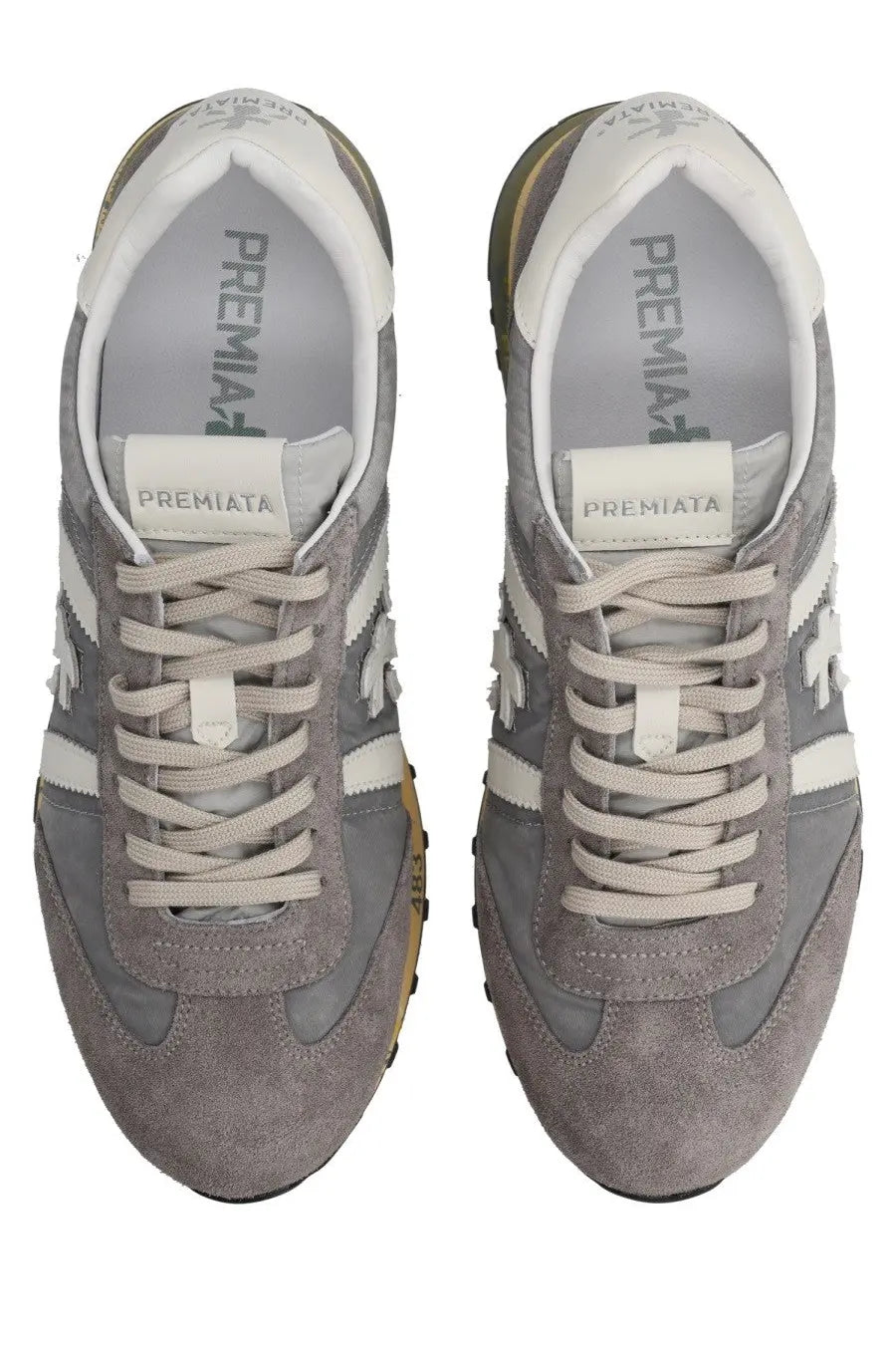 Premiata men’s sneaker lucy grey in gray suede and canvas with white stripes beige laces and tan rubber sole