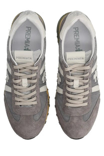 Premiata men’s sneaker lucy grey in gray suede and canvas with white stripes beige laces and tan rubber sole