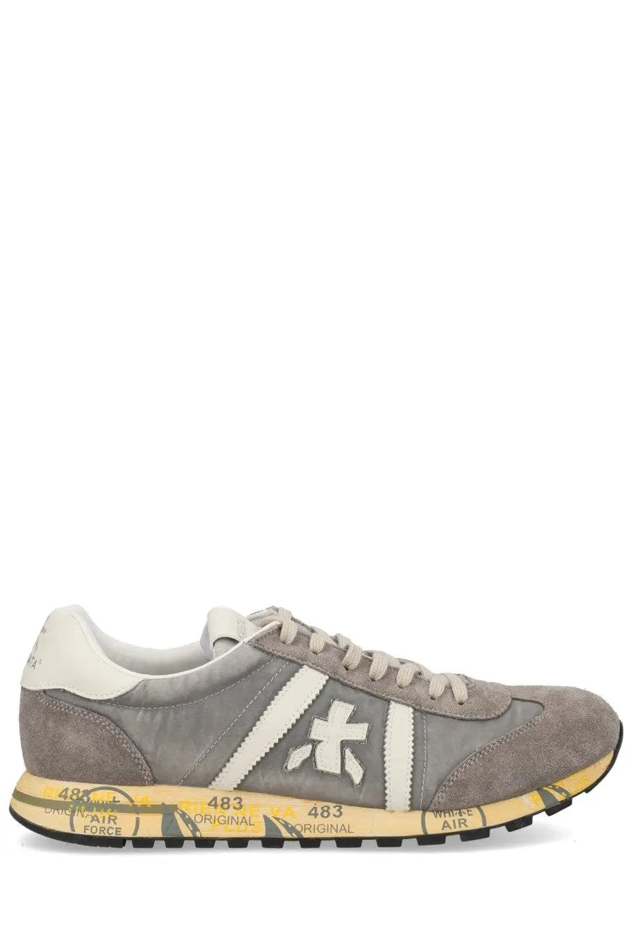 Premiata men’s sneaker Lucy grey in gray suede and canvas with white stripes and yellow sole detailing