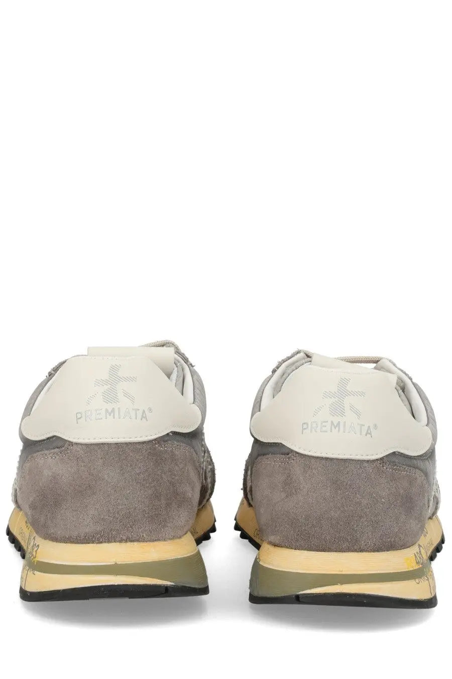 Premiata men’s sneaker lucy grey in gray suede with beige rubber sole and olive green accents front view