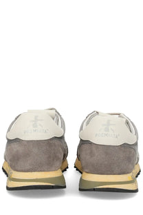 Premiata men’s sneaker lucy grey in gray suede with beige rubber sole and olive green accents for casual wear