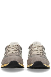 Premiata men’s sneaker lucy grey gray suede with white stripes and yellow accented sole